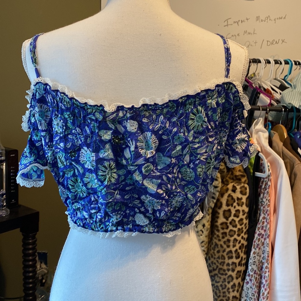 Poupette St. Barth Blue Cold Shoulder Crop Top W/Tassels - Picture 8 of 12